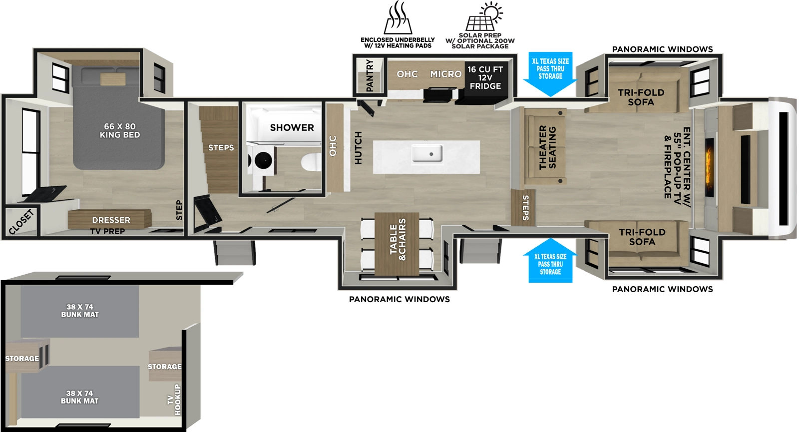 The Hemisphere Fifth Wheels 378FL has two entries and five slide outs. Exterior features include: fiberglass exterior and 20' awning. Interiors features include: loft, kitchen island, free-standing dinette option, rear bedroom and front living.